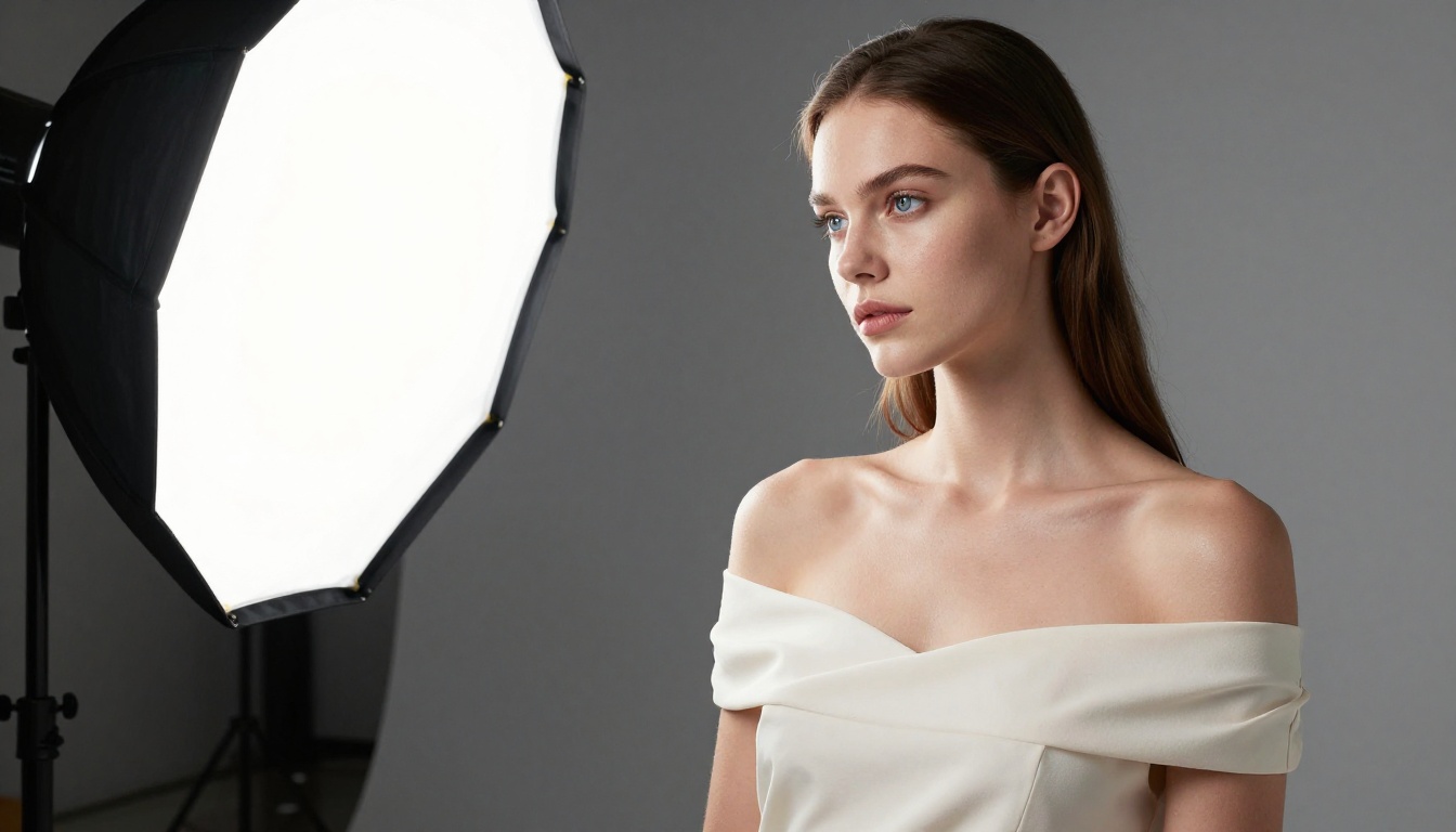 Professional photography studio setup with Rembrandt lighting capturing porcelain skin in razor-sharp 8K detail