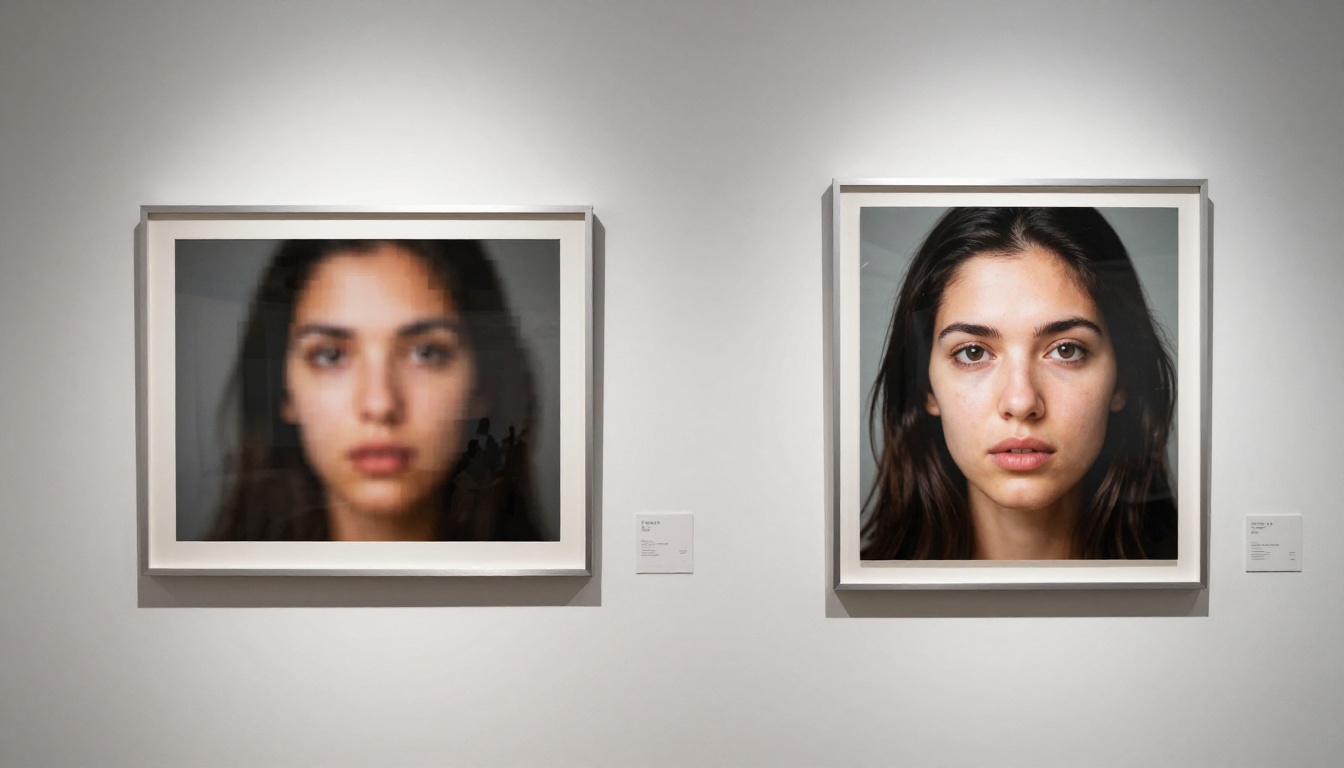Two gallery-framed photos on white wall showing blurry pixelated original versus crystal-clear AI-upscaled result