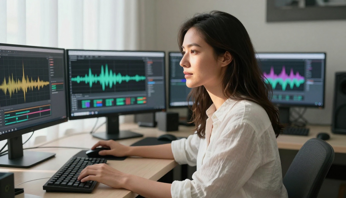 Woman using multiple monitors showing AI video generation interfaces in a bright home studio