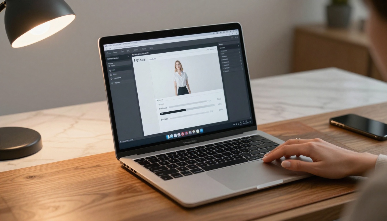 AI upscaling interface on MacBook Pro with before-and-after comparison slider, woman's hand on trackpad in warm desk lamp light