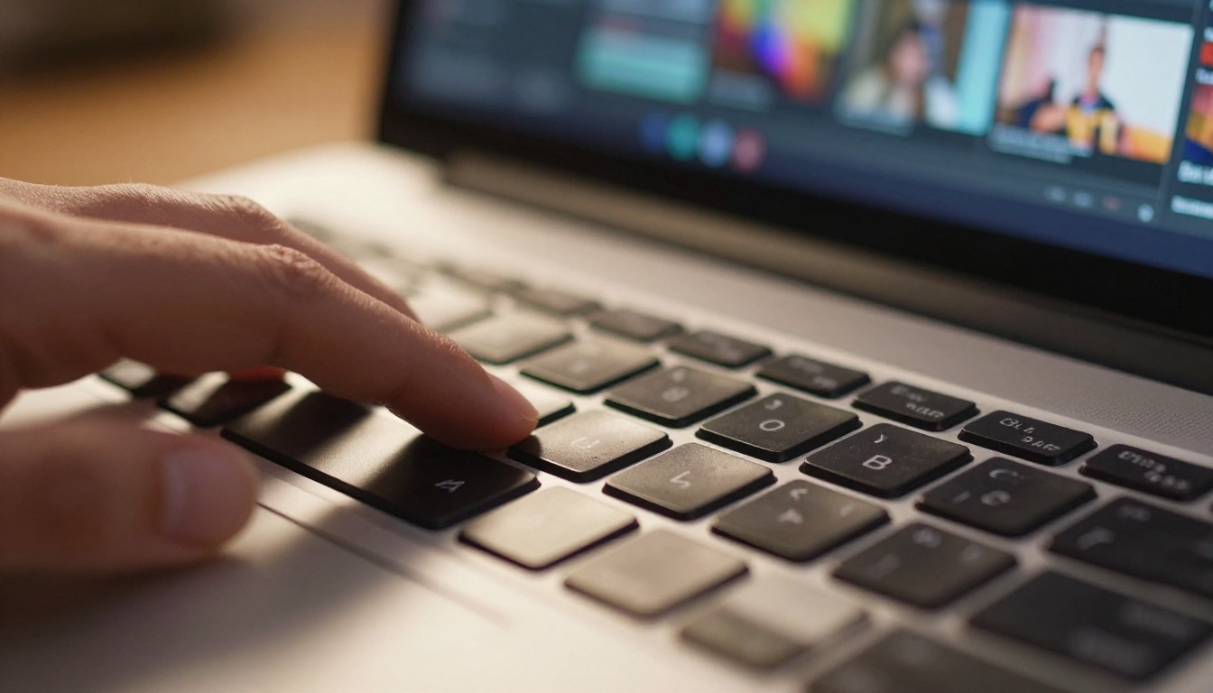 Close-up of laptop keyboard with video timeline on blurred monitor in background