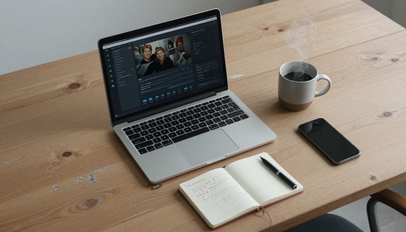 Aerial view of minimal desk workspace with laptop showing AI video interface, notebook and coffee mug