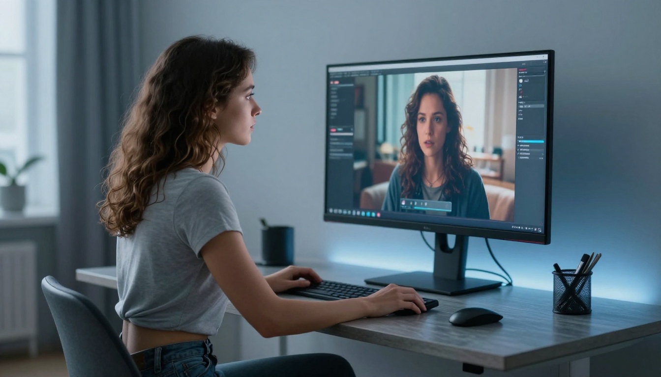 Woman watching AI-generated video on professional monitor at standing desk