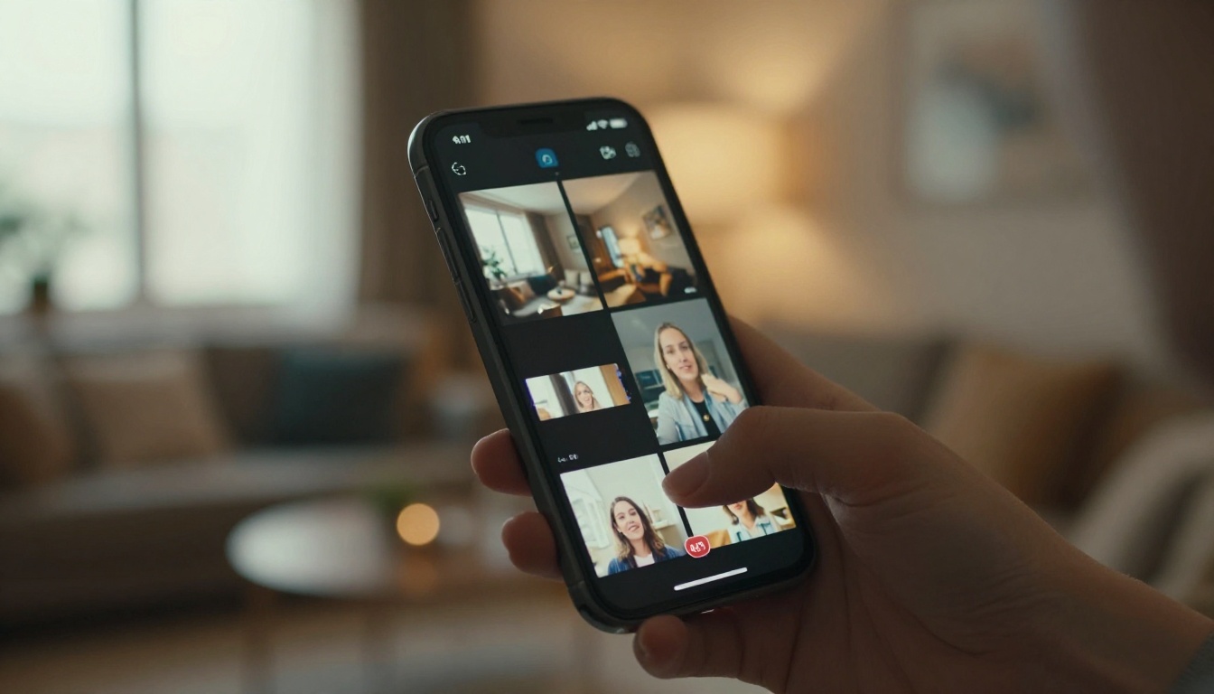 Woman holding smartphone showing AI video results with warm bokeh apartment background