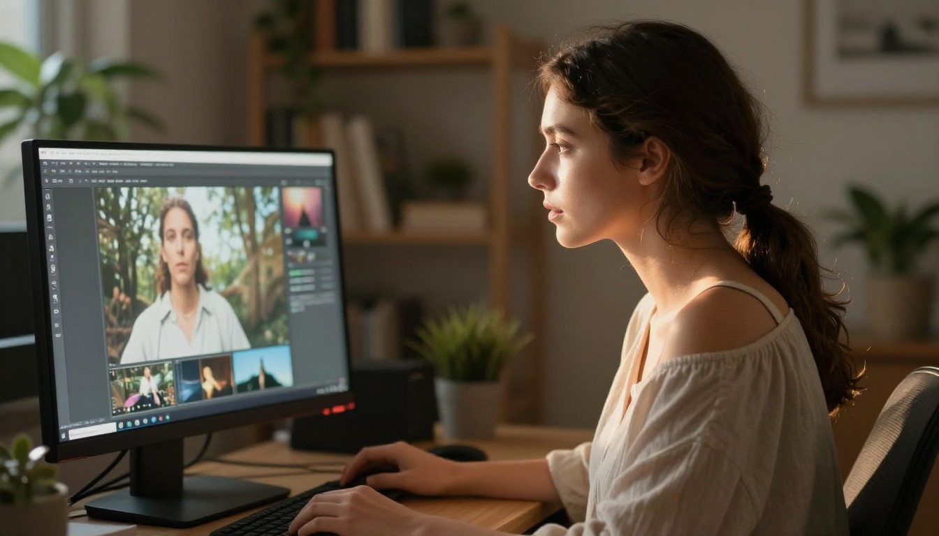 Side profile of woman reviewing AI video clips at desk with warm rim light effect
