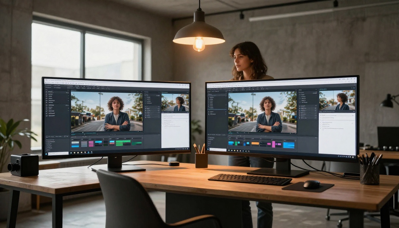 Wide shot of creative workspace with two monitors showing AI video tool comparisons