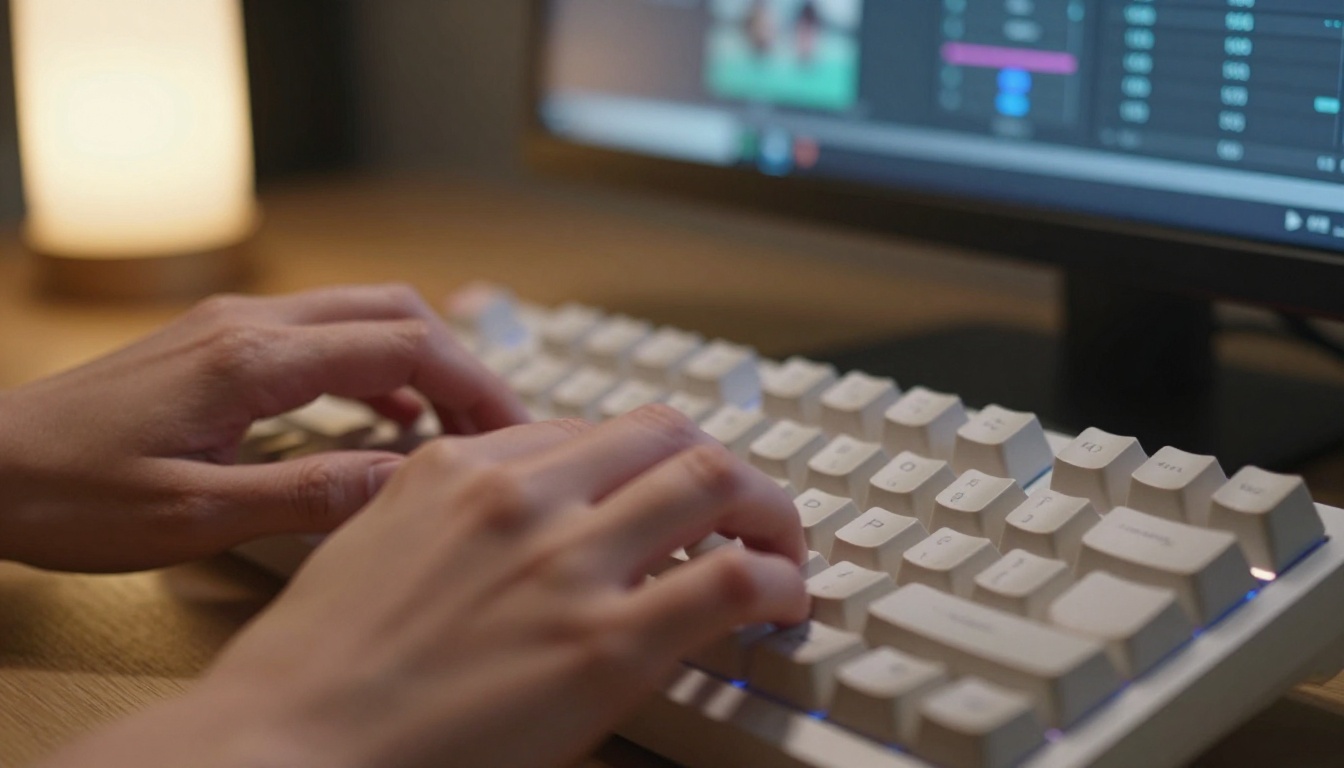 Close-up of hands typing on mechanical keyboard with blurred AI video parameters on background monitor