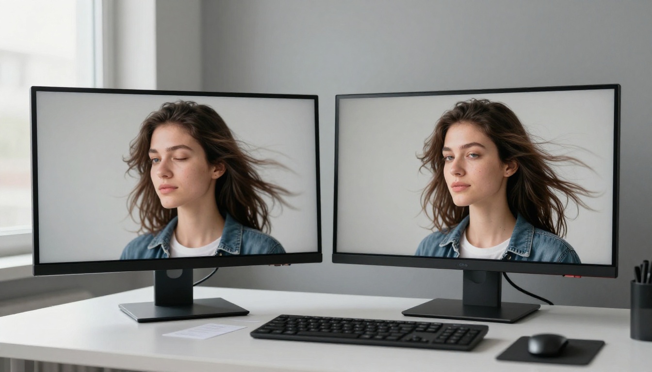 Side-by-side comparison of still image vs animated frame on monitor