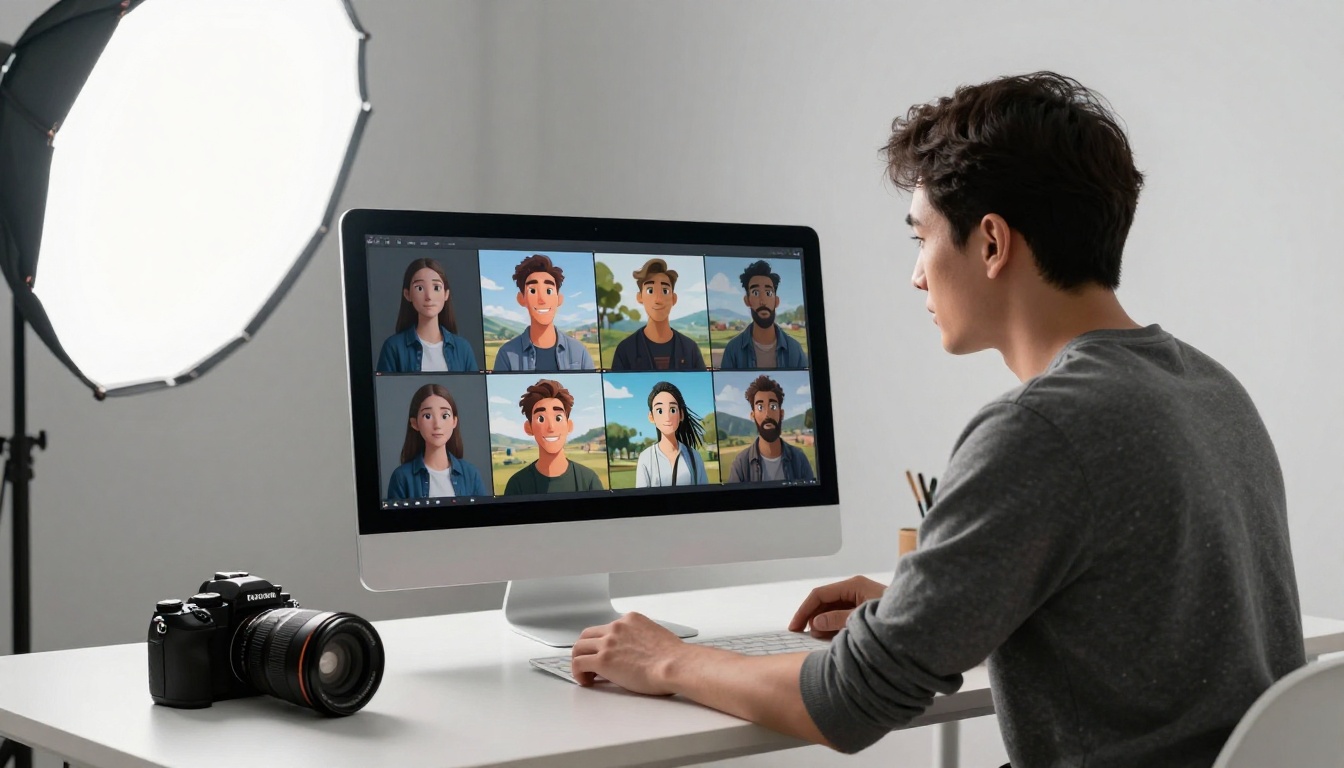 Photographer reviewing animated video clips on large monitor
