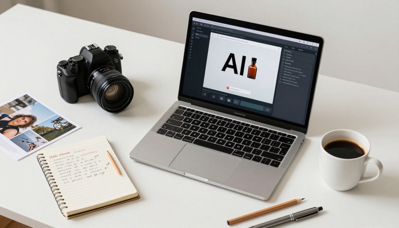 Flat lay workspace with laptop, camera, printed photos, and coffee