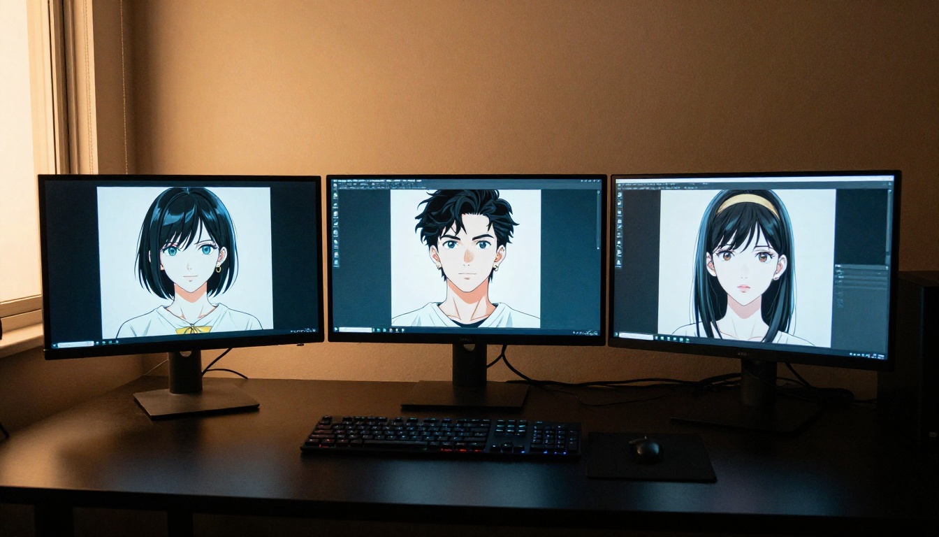 Three monitors showing AI-generated anime comparisons