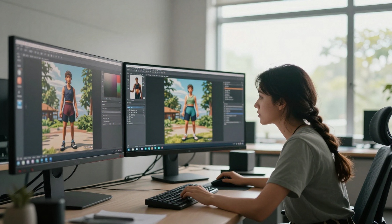AI creator reviewing multiple screens at workstation