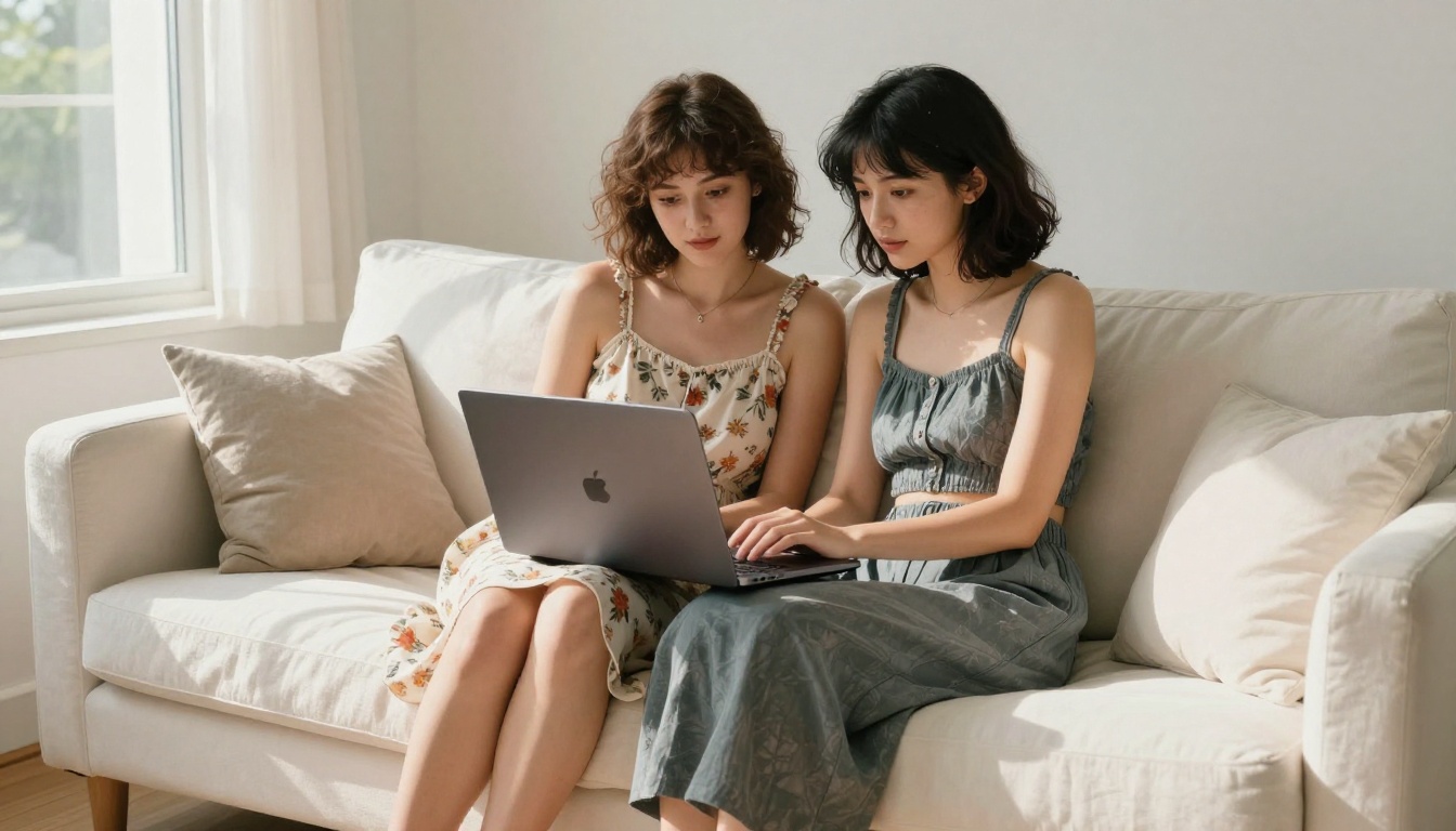 Two women reviewing AI anime tools on laptop