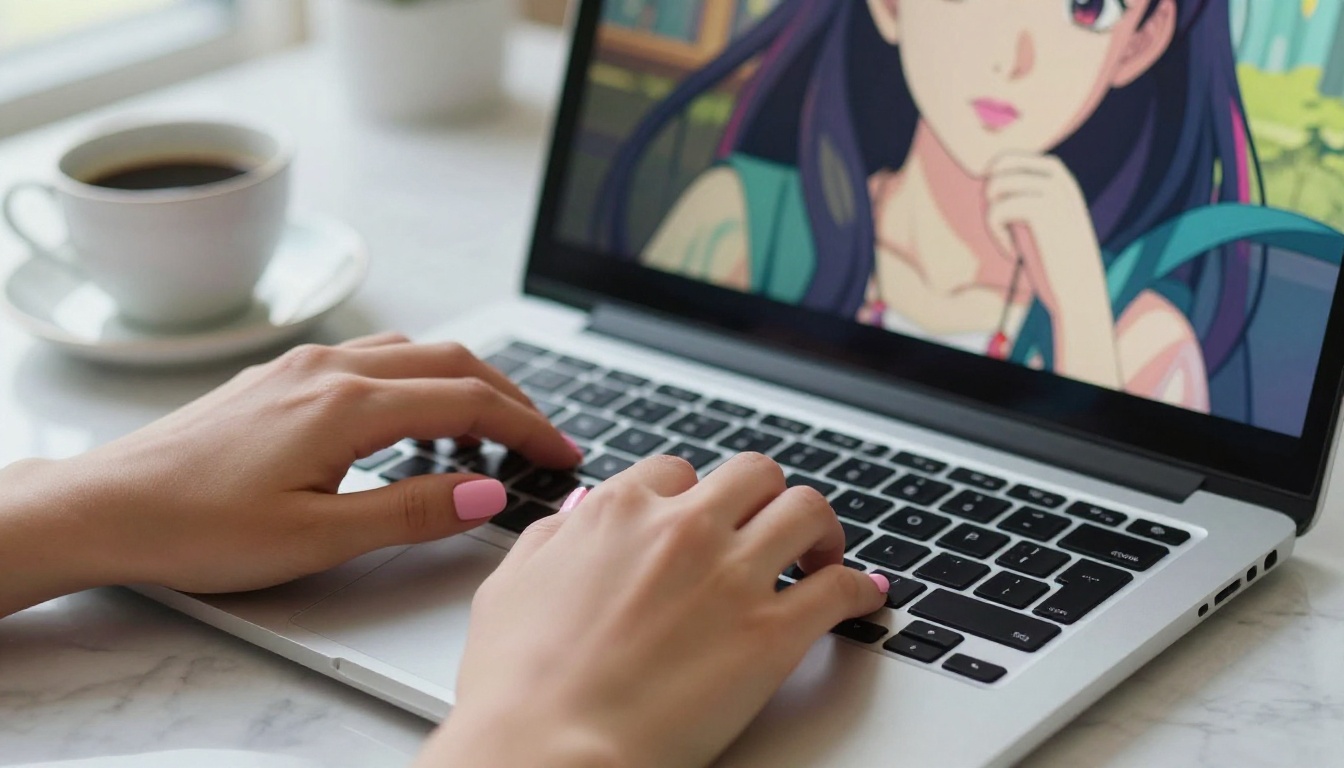 Close-up of hands creating anime art on laptop