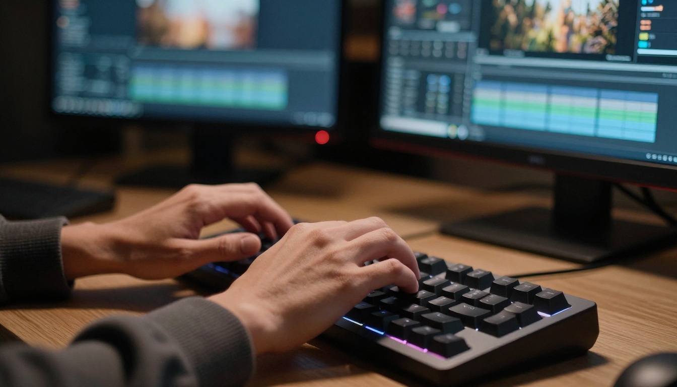 Woman's hands typing on mechanical keyboard in dark creative studio with monitors
