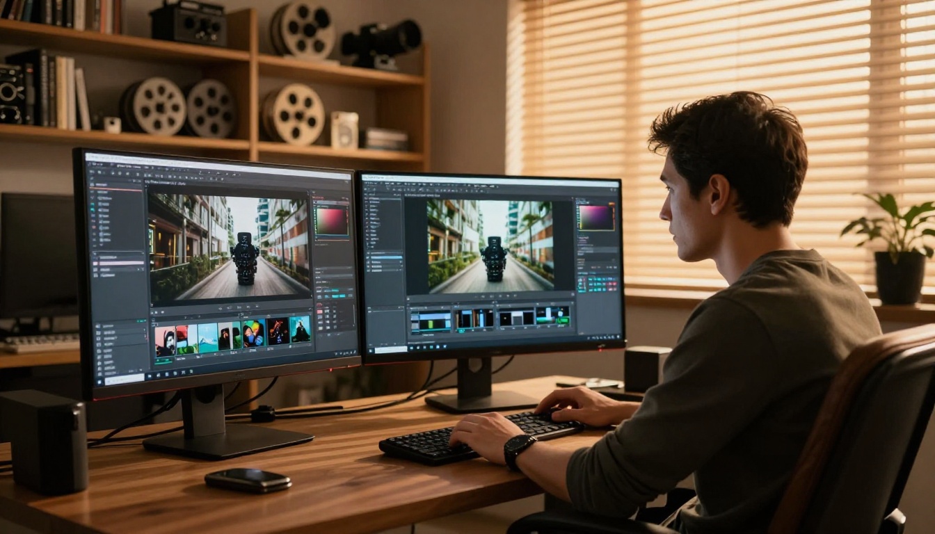 Creative director at dual-monitor workstation with video generation software