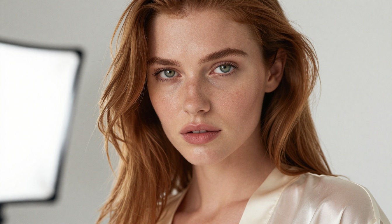 Close-up portrait of beautiful woman with green eyes ivory robe