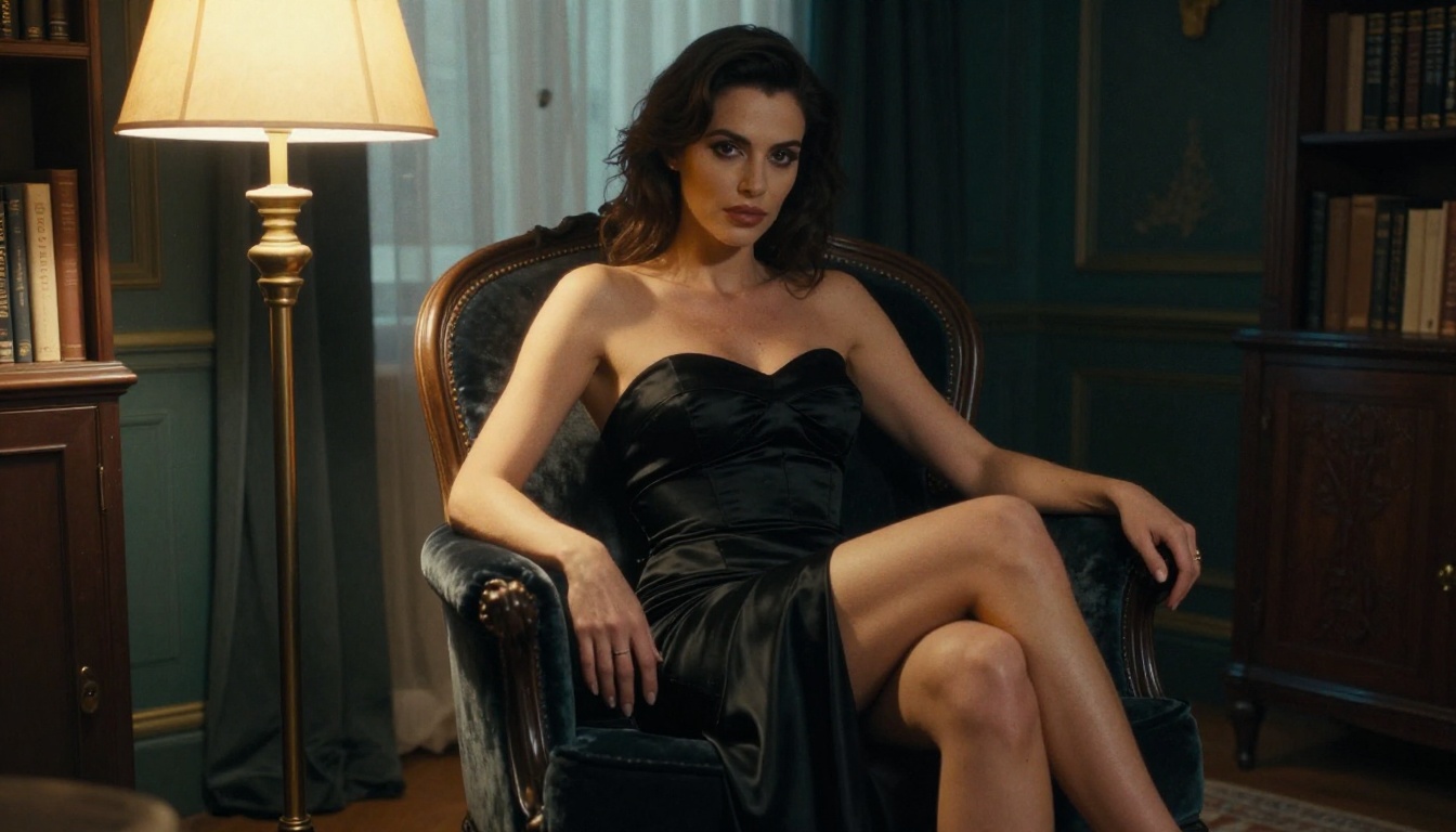 Glamorous woman in black satin gown Parisian apartment warm lamplight