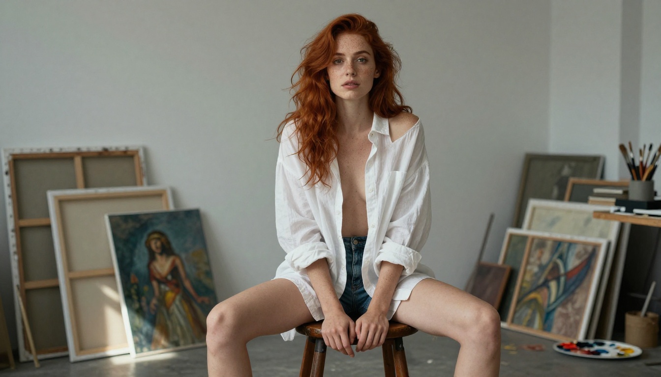 Redhead woman in linen shirt art studio Bohemian overhead skylights