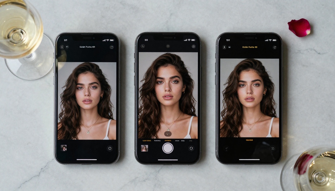 Two smartphones showing AI images on marble surface rose petals