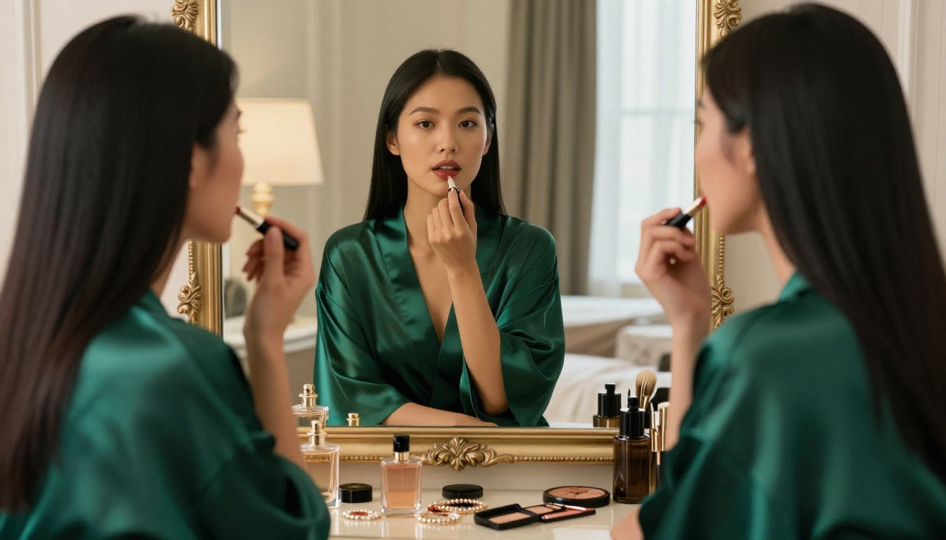 Asian woman at vanity mirror luxury hotel emerald kimono morning light