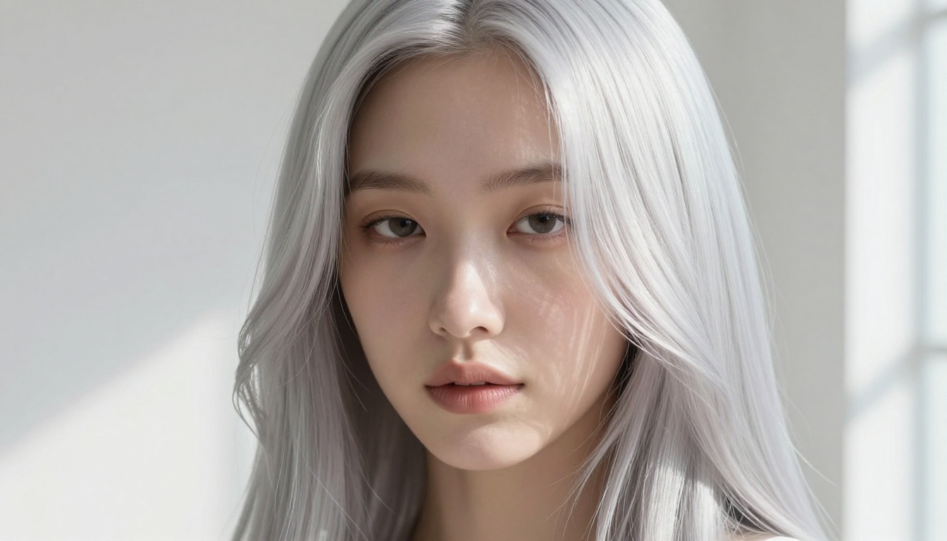 Close-up portrait of a young woman with luminous silver-white hair Close-up portrait of a young woman with luminous silver-white hair