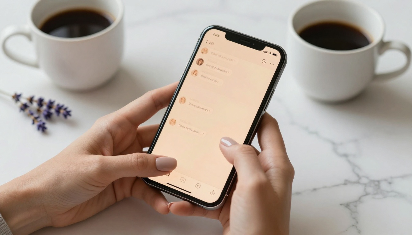 Close-up of feminine hands holding a smartphone showing a chat conversation on marble surface Close-up of feminine hands holding a smartphone showing a chat conversation on marble surface