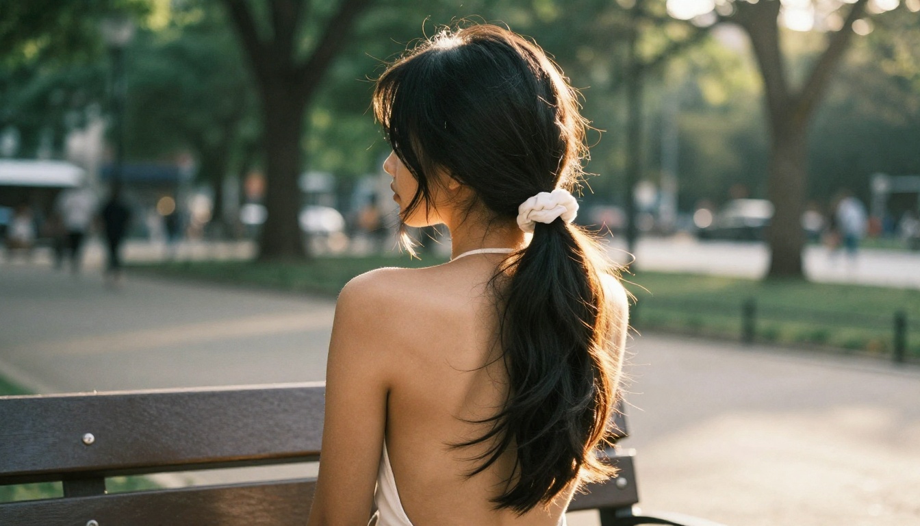 Young woman with a high side ponytail on a park bench at golden hour Young woman with a high side ponytail on a park bench at golden hour