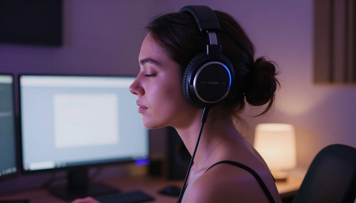 Woman wearing over-ear headphones in a dimly lit studio, side profile, screen glow Woman wearing over-ear headphones in a dimly lit studio, side profile, screen glow