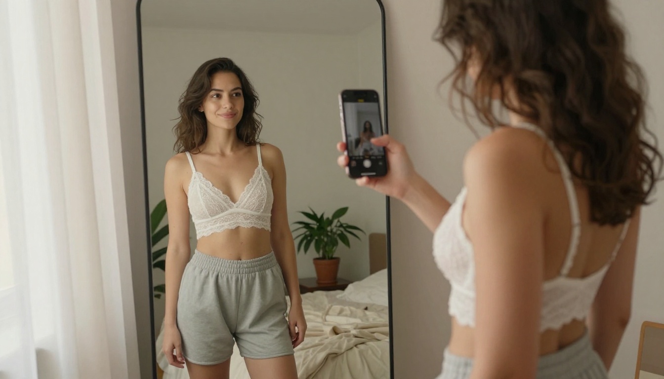 Woman in white lace bralette taking a mirror selfie, warm morning light, bedroom setting Woman in white lace bralette taking a mirror selfie, warm morning light, bedroom setting