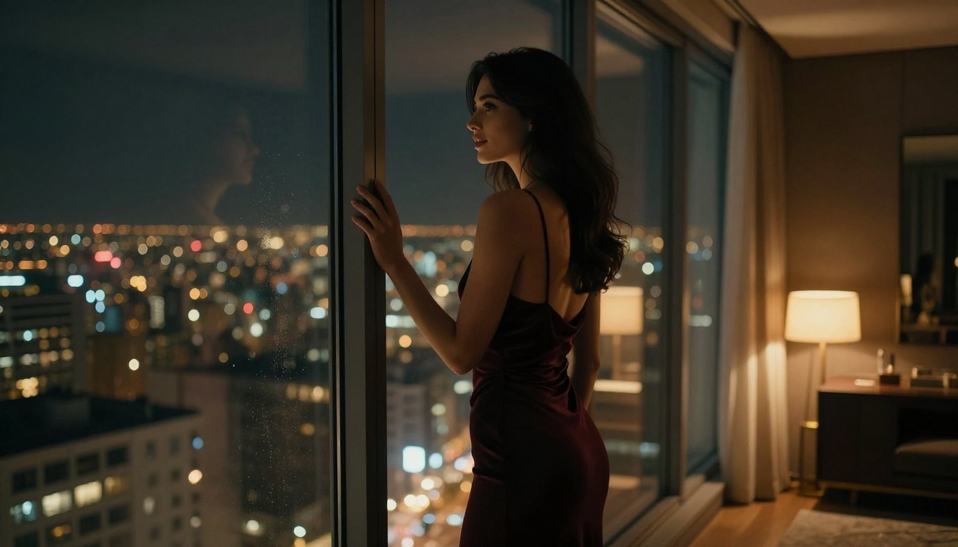 Woman in burgundy slip dress standing at night window looking at glittering city skyline Woman in burgundy slip dress standing at night window looking at glittering city skyline