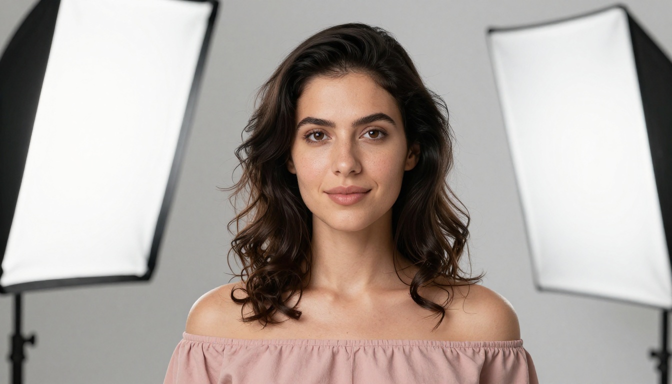 Professional studio portrait of a beautiful woman, off-shoulder dusty rose blouse, direct gaze, softbox lighting Professional studio portrait of a beautiful woman, off-shoulder dusty rose blouse, direct gaze, softbox lighting
