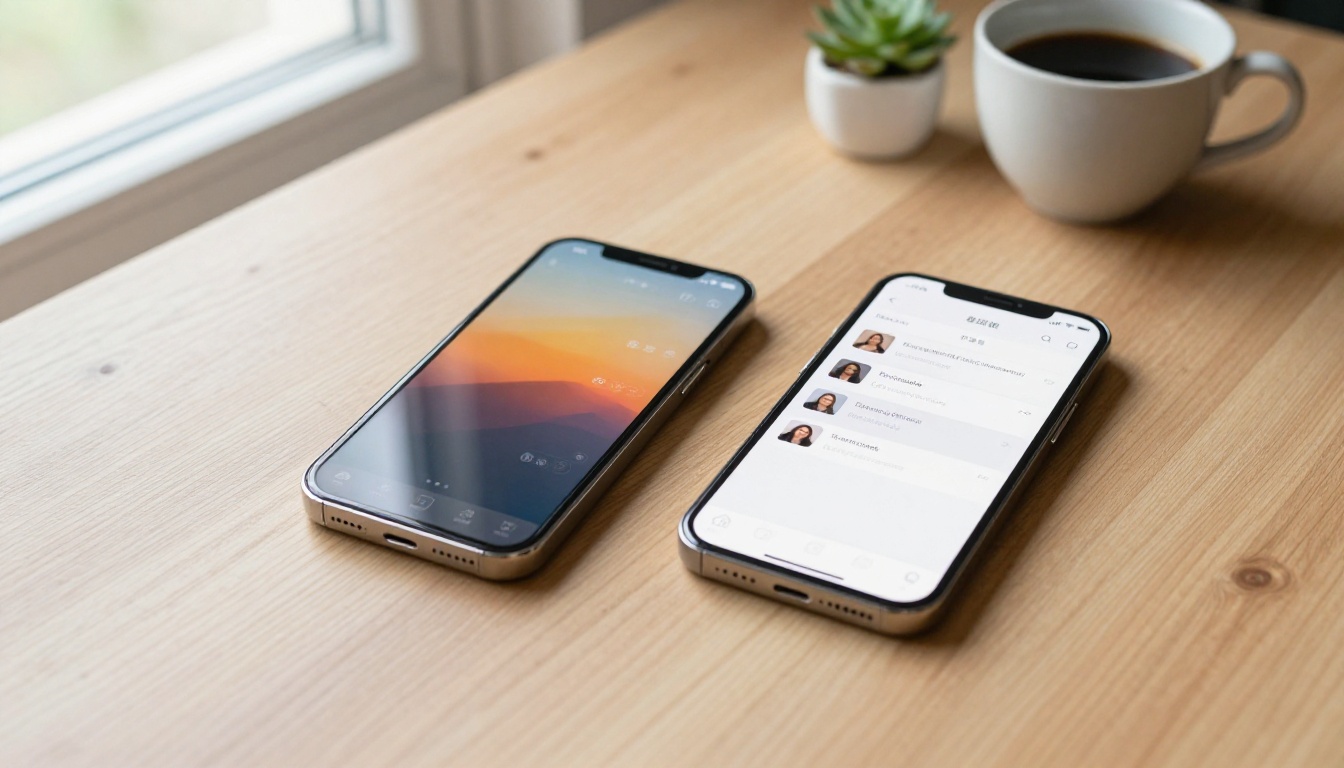 Two modern smartphones on oak table showing chat interfaces, overhead shot, natural window light Two modern smartphones on oak table showing chat interfaces, overhead shot, natural window light