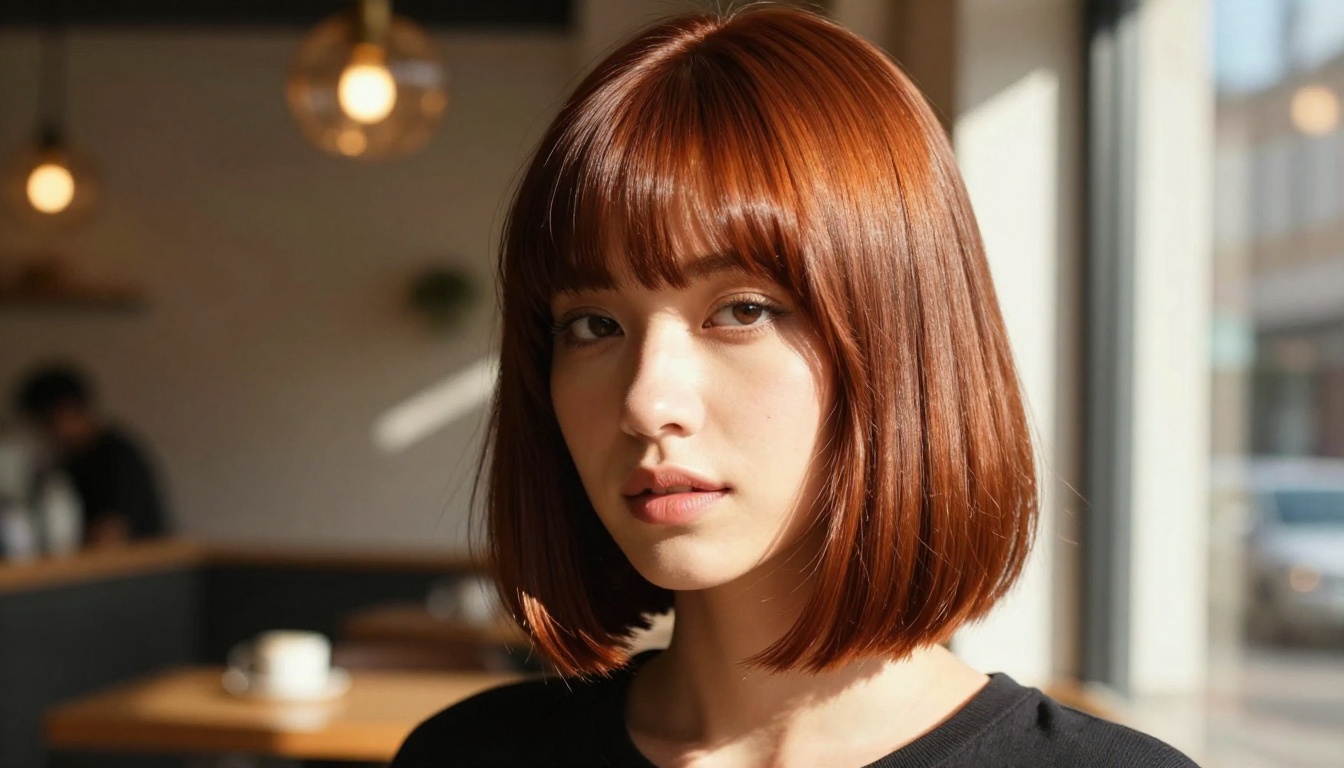 Young woman with sharp auburn bob and blunt bangs in a warm cafe Young woman with sharp auburn bob and blunt bangs in a warm cafe