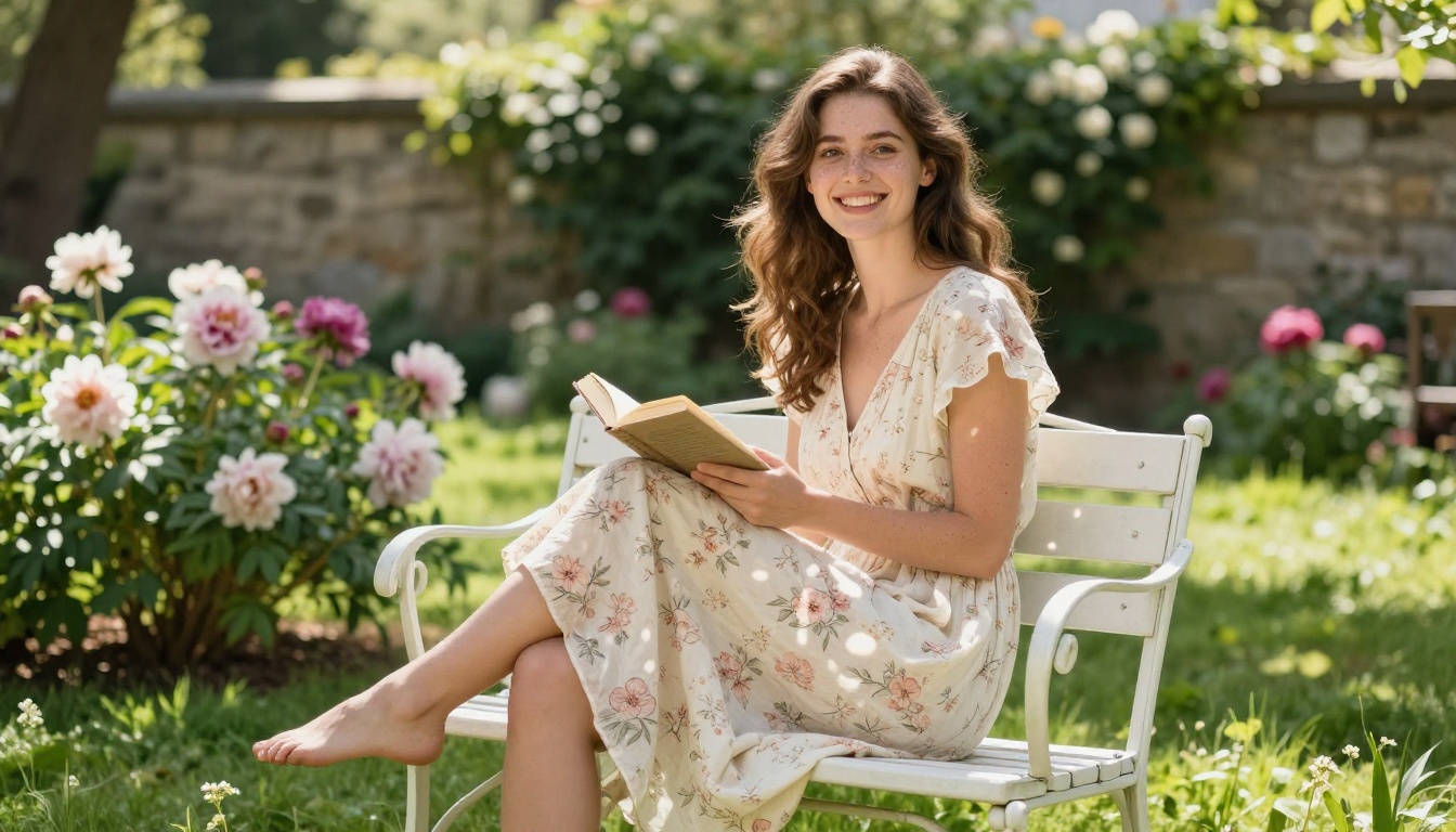 Radiant woman in floral summer dress sitting in a sun-dappled garden, genuine smile, morning light Radiant woman in floral summer dress sitting in a sun-dappled garden, genuine smile, morning light