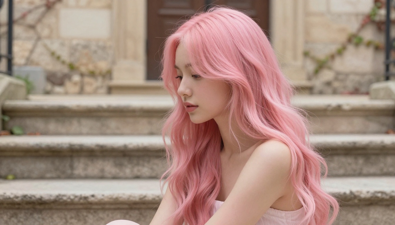 Young woman with pastel pink hair on stone courtyard steps Young woman with pastel pink hair on stone courtyard steps