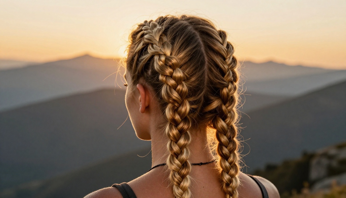 Young woman with Dutch braids in a golden hour mountain landscape Young woman with Dutch braids in a golden hour mountain landscape