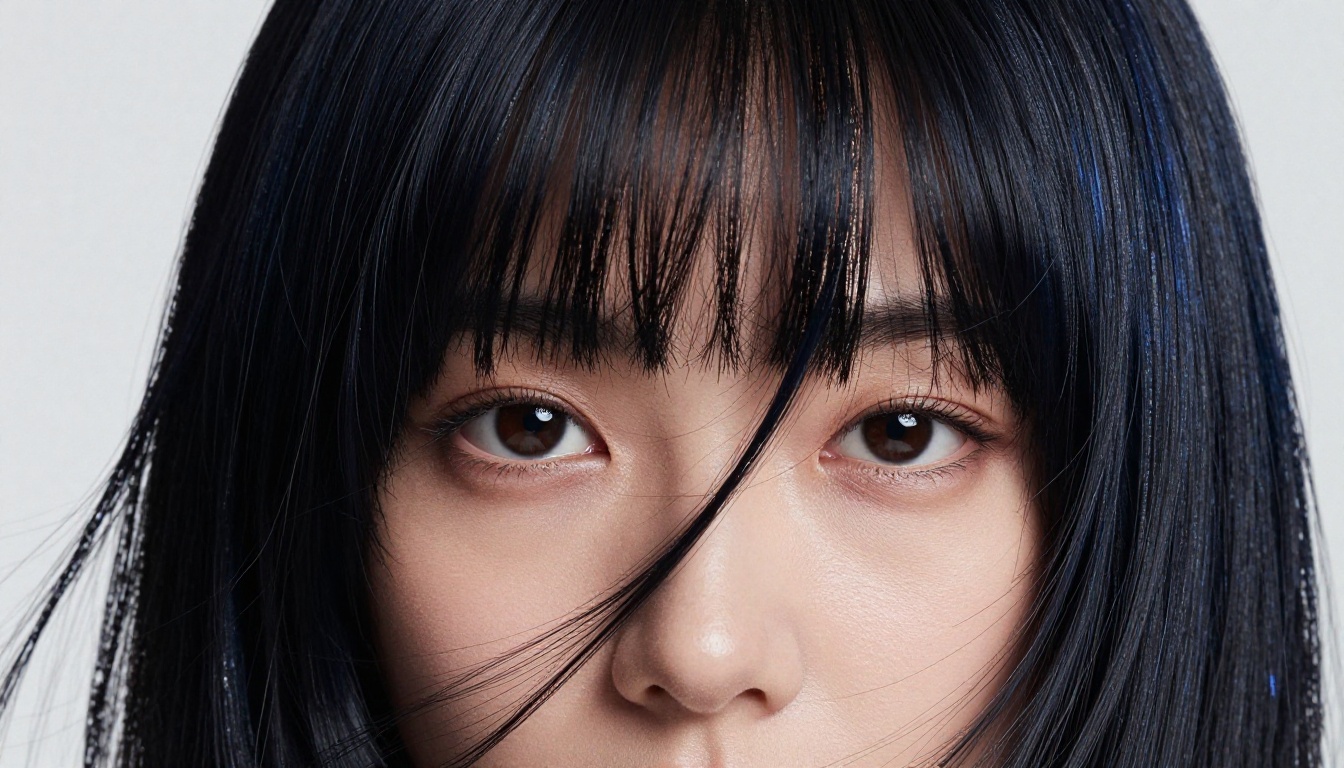 Extreme close-up of side-swept bangs over one eye, beauty editorial Extreme close-up of side-swept bangs over one eye, beauty editorial