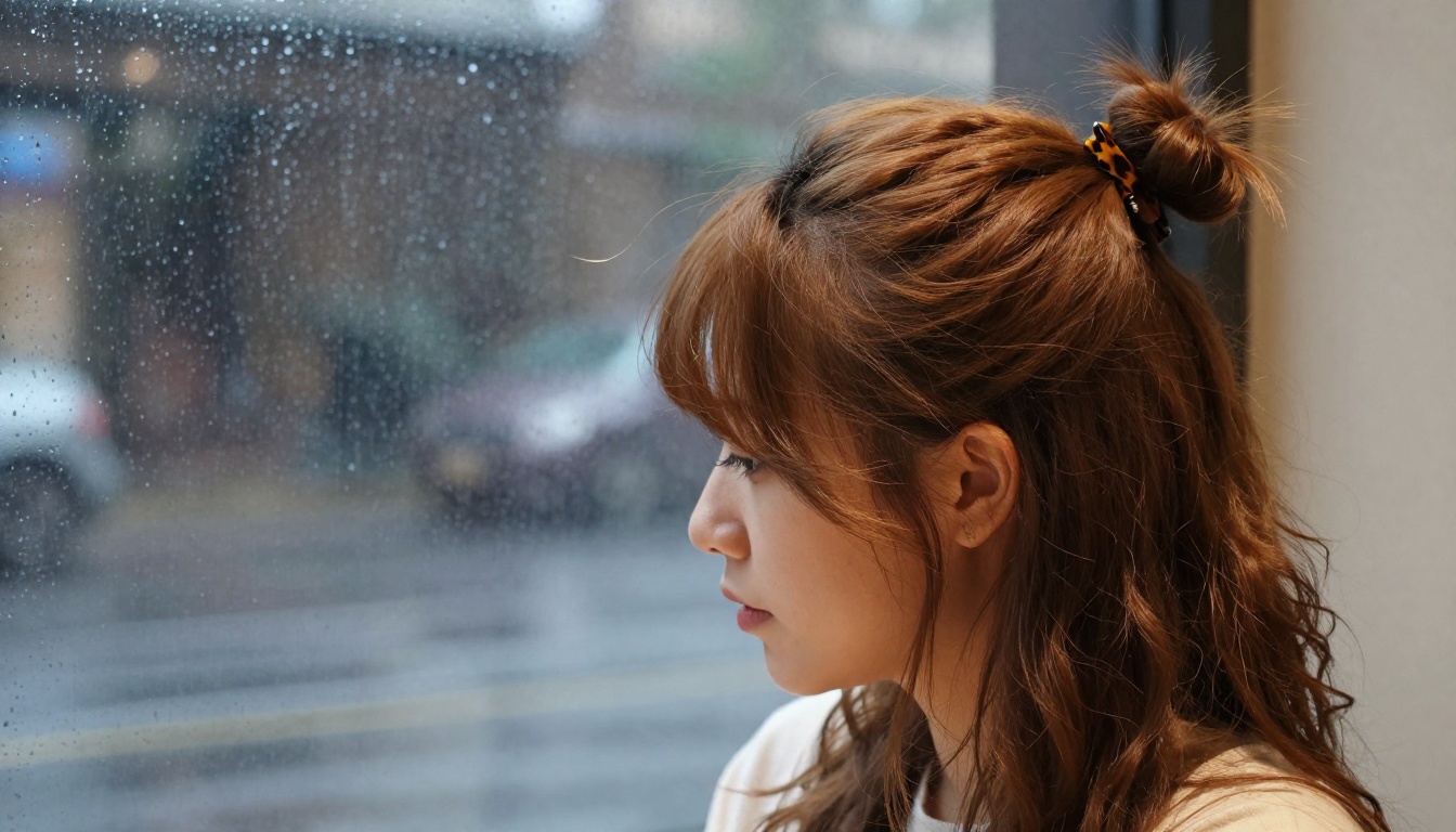 Young woman with a charming ahoge and half-up style by a rainy cafe window Young woman with a charming ahoge and half-up style by a rainy cafe window