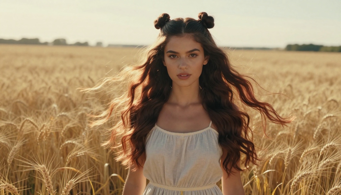 Young woman with half-up auburn waves in a sunlit wheat field Young woman with half-up auburn waves in a sunlit wheat field