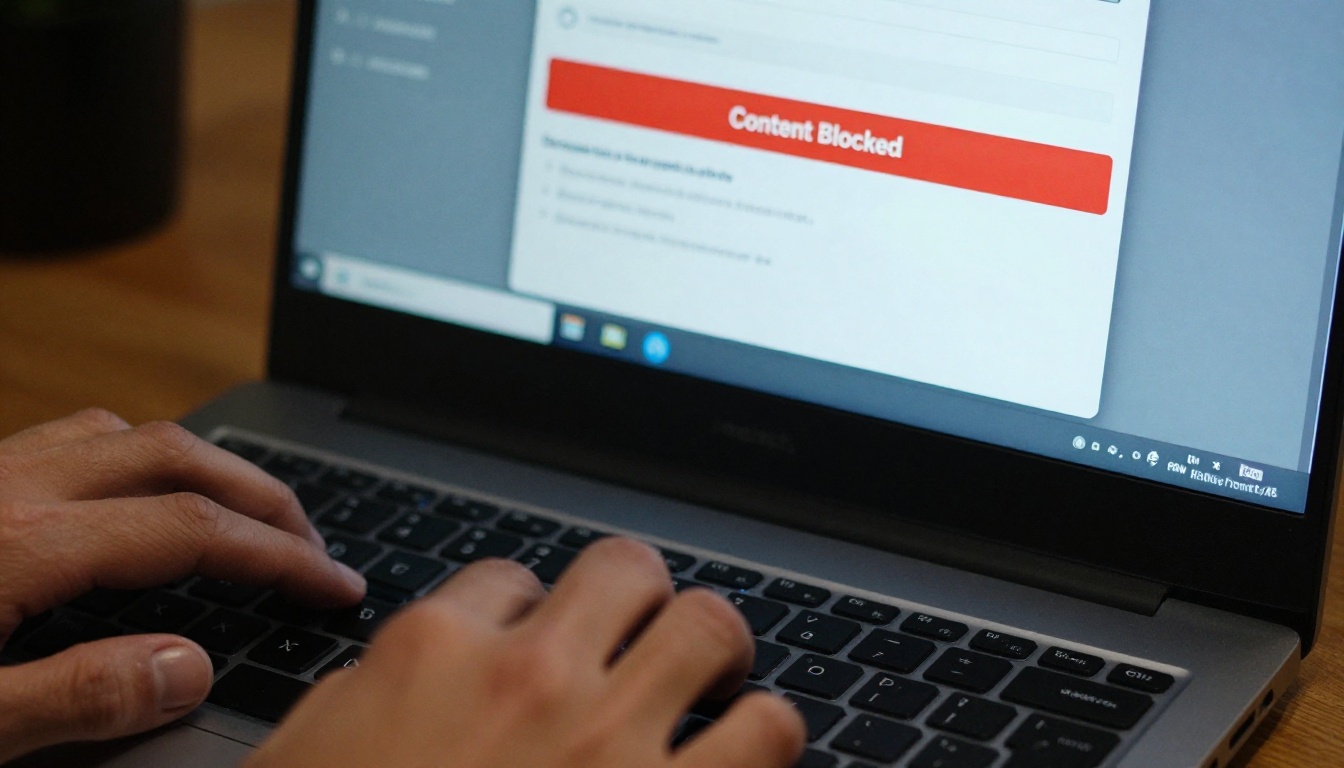 Creator frustrated at laptop with blocked content notification