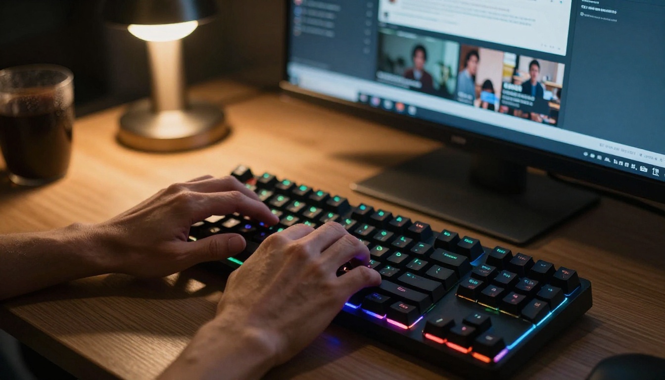 Late night research session typing on keyboard