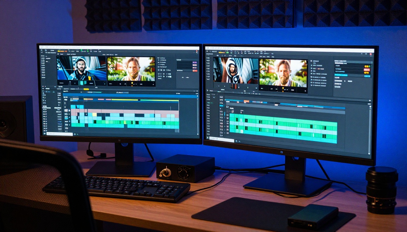 Professional dual monitor video editing suite