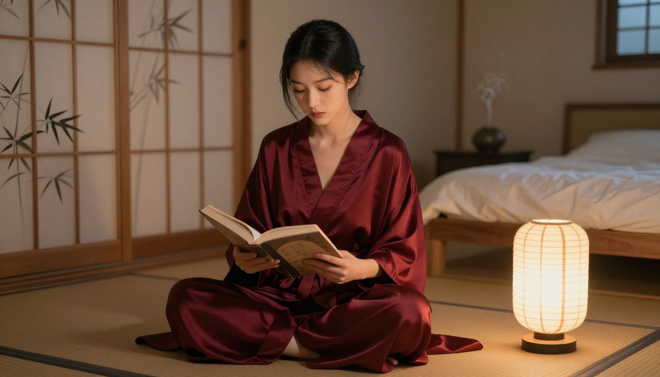 Asian-inspired companion portrait in silk robe at dusk