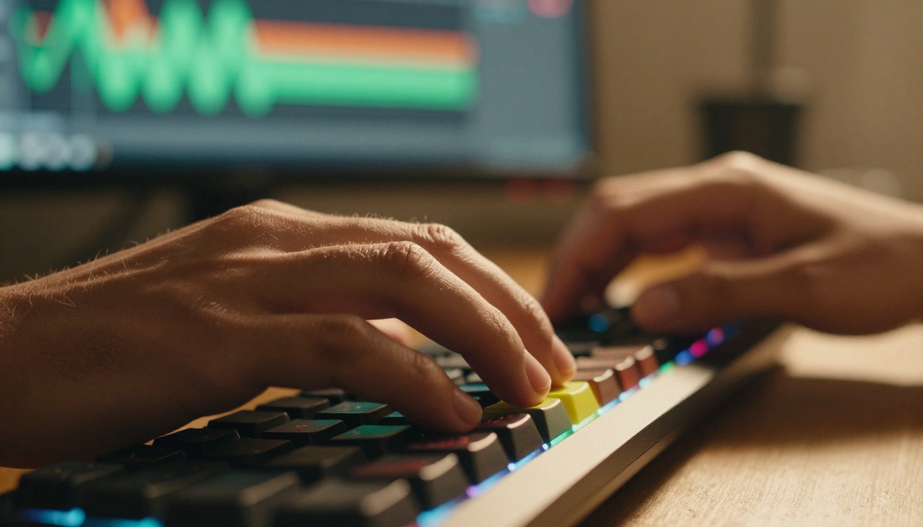 AI music production hands at keyboard with waveforms AI music production hands at keyboard with waveforms