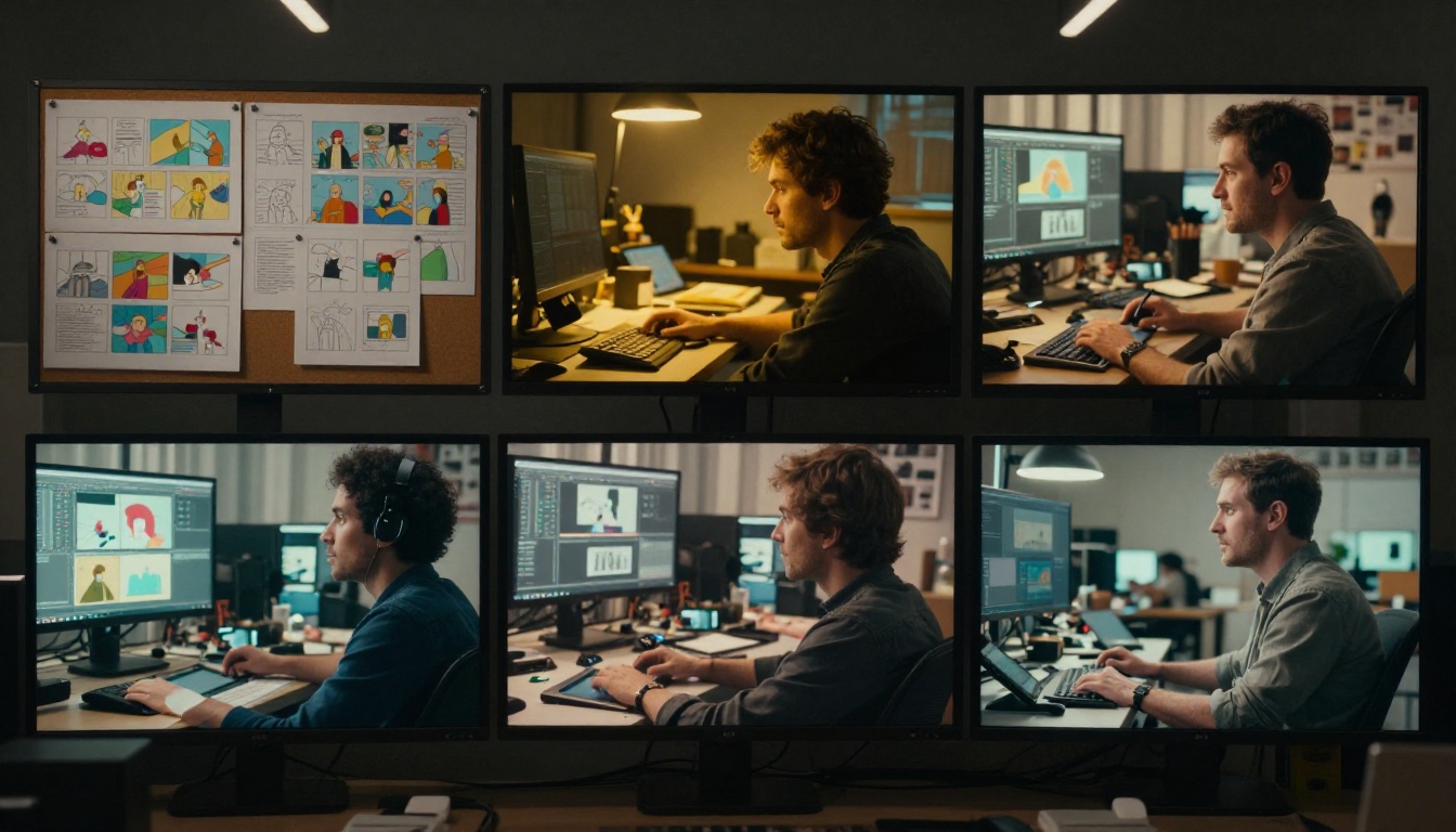 Creative director reviewing animation frames at triple monitor setup Creative director reviewing animation frames at triple monitor setup
