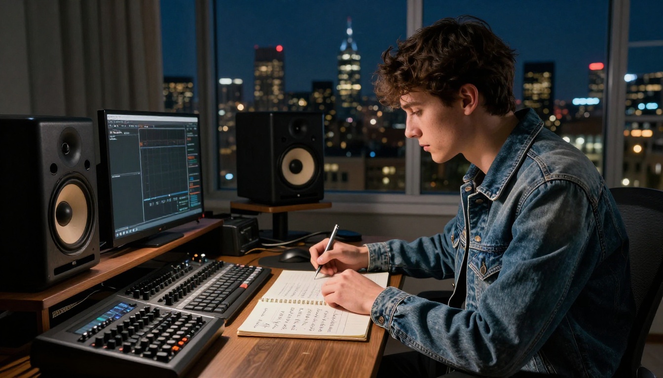 Young music producer composing at night at standing desk Young music producer composing at night at standing desk