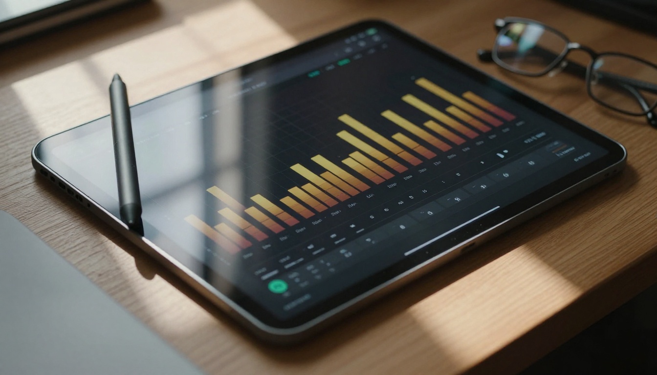 Music visualization app on tablet with stylus on wooden desk Music visualization app on tablet with stylus on wooden desk