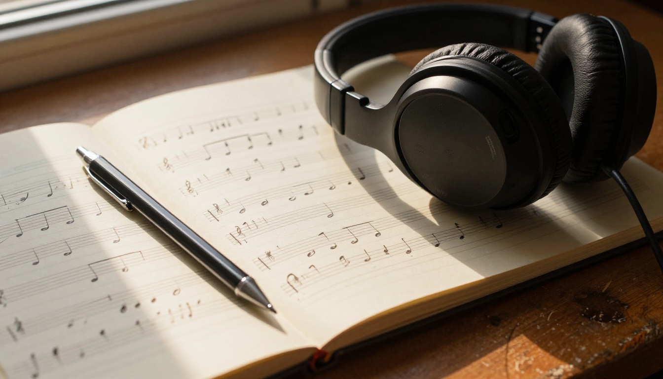 Professional headphones resting on music composition notebook Professional headphones resting on music composition notebook
