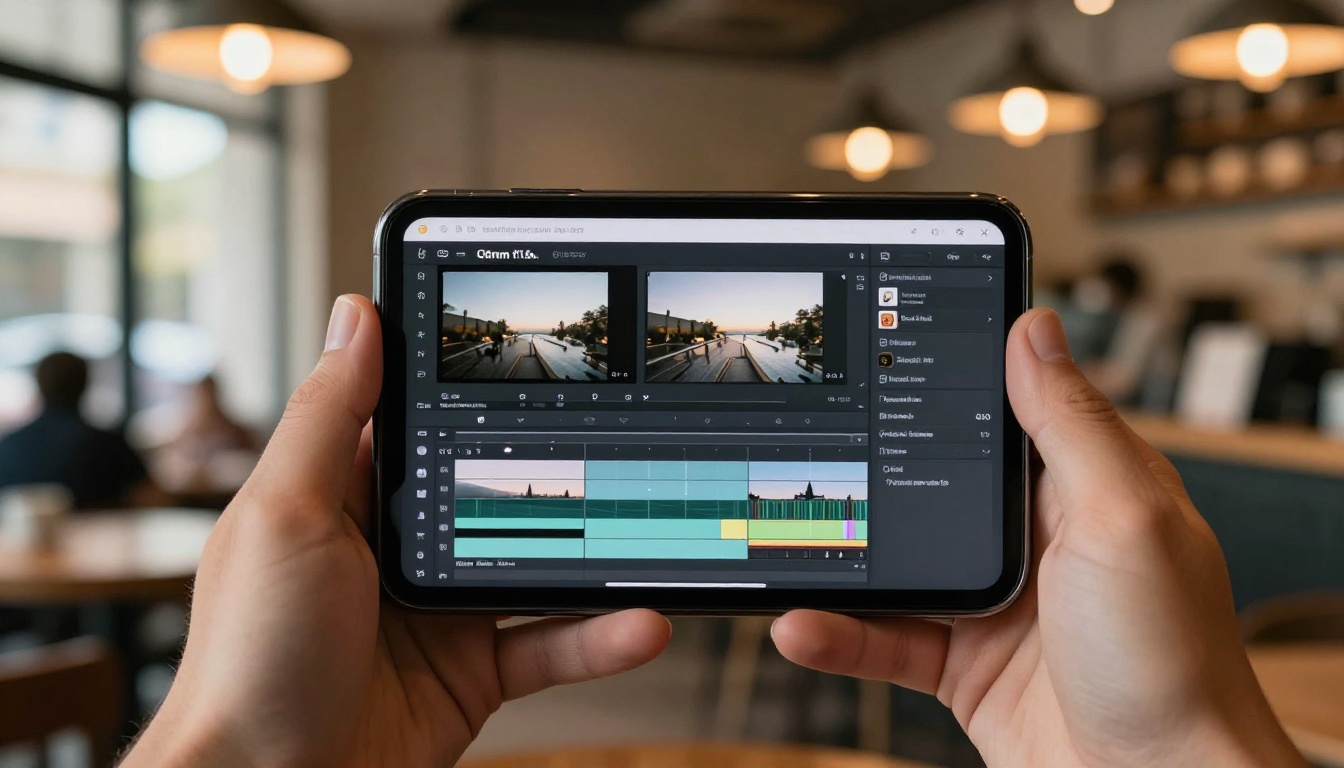 Smartphone displaying mobile video editing app with music timeline Smartphone displaying mobile video editing app with music timeline